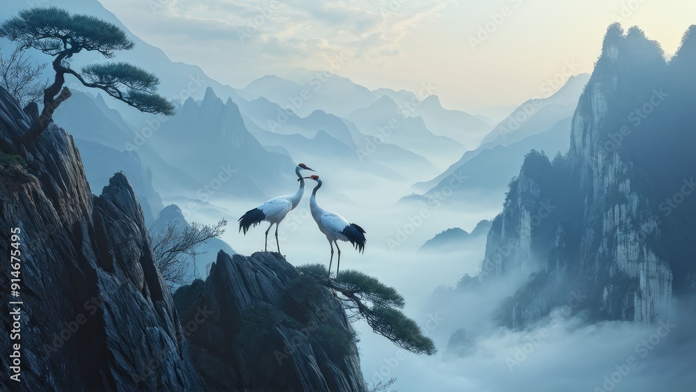 Wall mural A serene landscape featuring two cranes standing on a rocky outcrop, gazing at each other.