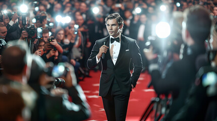 Charismatic Star on the Red Carpet, A charismatic male celebrity, dressed in an impeccable black tuxedo, engages with the media