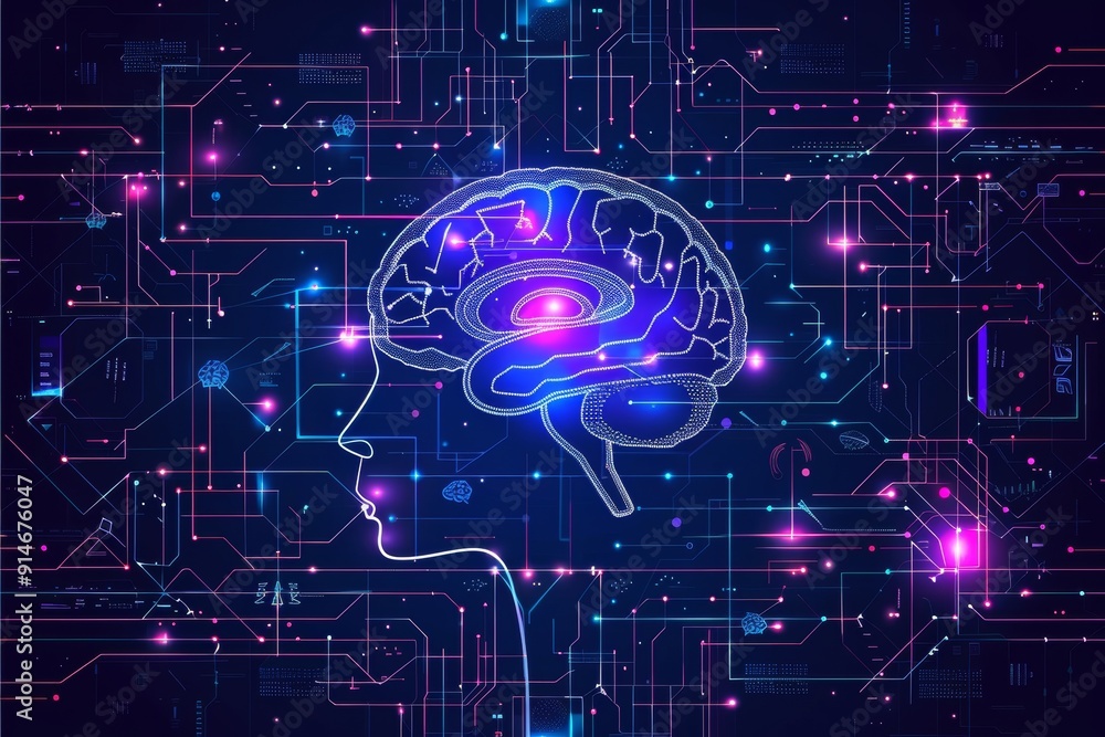 Poster neon blue brain in a digital network illustrating complex cognitive processes in a cybernetic enviro