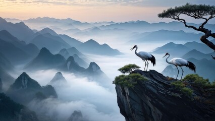 A serene landscape featuring two cranes standing on a rocky outcrop, gazing at each other.