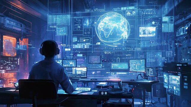 A man seated in a futuristic command center monitors multiple screens displaying maps and data. It's nighttime, with a focused, serious mood. The man appears to be in his late 30s. The room is dimly