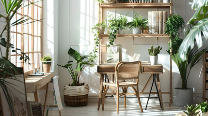 home office interior, Serene Home Office with Greenery