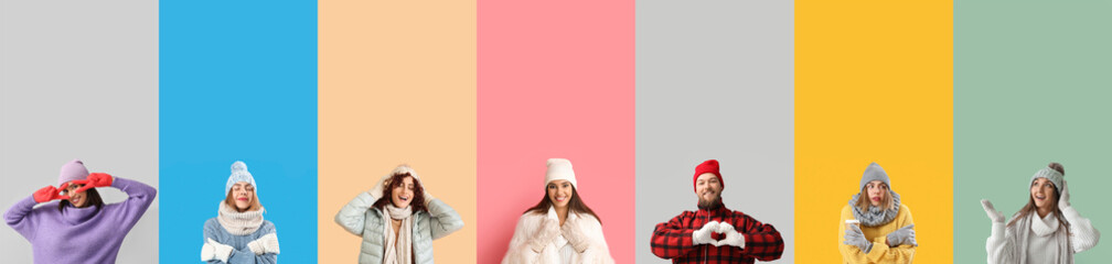 Collage of young people in stylish winter clothes on color background