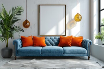 Blue Sofa and Orange Lounge Chair Against White Wall with Art Frame in a Modern Scandinavian Livin