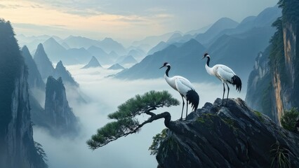 A serene landscape featuring two cranes standing on a rocky outcrop, gazing at each other.