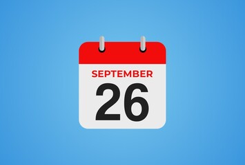 Icon calendar day. 26 September. 26th days of the month, illustration style. Date day of week Sunday, Monday, Tuesday, Wednesday, Thursday, Friday, Saturday.