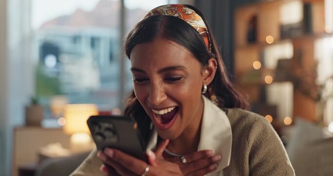 Home, excited and woman using phone on sofa for online relationship, profile match or chat with partner. Indian girl, connection and reading on mobile app, dating website or what as reaction on couch