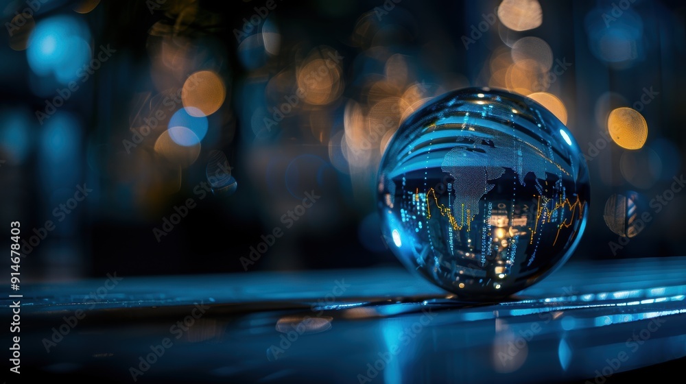 Aufkleber crystal ball displaying stock market data and a world map sits on a table with a blurred background
