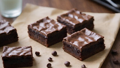 chocolate brownies on a wooden table