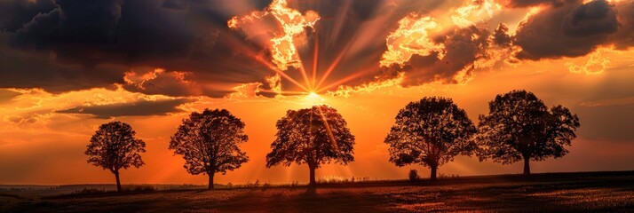 Sunset over silhouette of trees with sunbeams breaking through the clouds casting warm golden and orange hues in the sky for a serene and beautiful scene