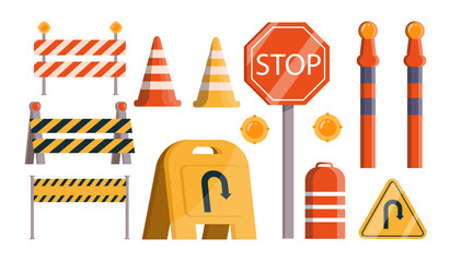 Road barriers set. Various traffic signs and cones near stop roadsign. Traffic control during construction and repairs. Navigation and direction. Flat vector collection isolated on white background