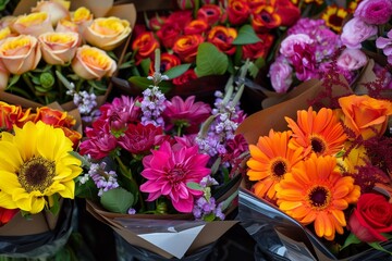 Flower stall, selling bouquets for the holiday, flower industry