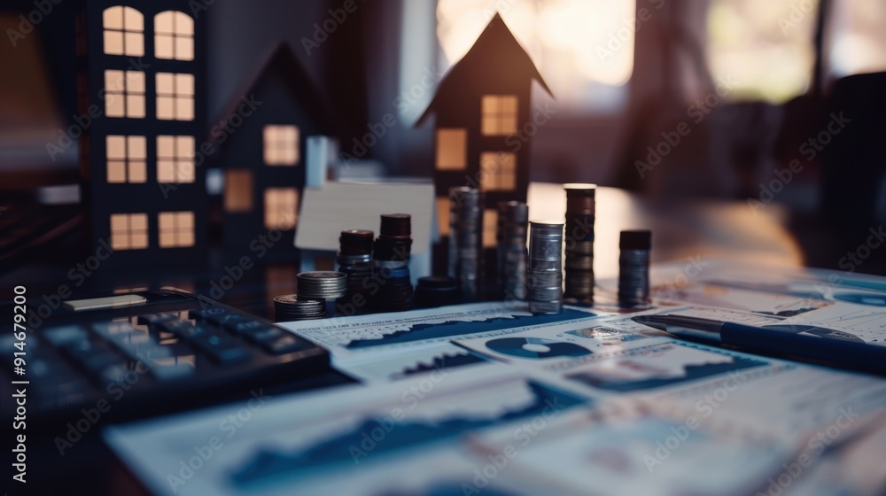 Aufkleber accountant calculating mortgage rate using calculator with house model and financial documents on ta