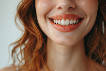 Obraz premium The image showcases a closeup view of a womans smiling face, focusing on her bright white teeth and rosy lips. Her red hair curls around the edges of the frame, 