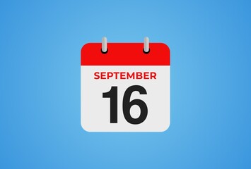 Icon calendar day. 16 September. 16th days of the month, illustration style. Date day of week Sunday, Monday, Tuesday, Wednesday, Thursday, Friday, Saturday.