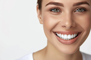 A closeup of a womans face, showcasing her bright white teeth and a wide, genuine smile. Her eyes are sparkling and her skin appears flawless, highlighting a sense of confidence and joy.