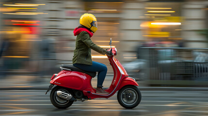person on scooter, a person rides a red scooter through a bustling urban environment, 
Speed and Motion concept