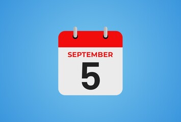 Icon calendar day. 5 September. 5th days of the month, illustration style. Date day of week Sunday, Monday, Tuesday, Wednesday, Thursday, Friday, Saturday.