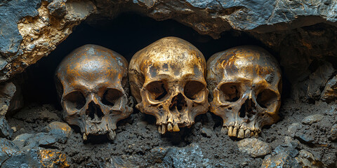 human skulls found in a cave, a rock shelter