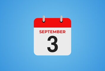 Icon calendar day. 3 September. 3th days of the month, illustration style. Date day of week Sunday, Monday, Tuesday, Wednesday, Thursday, Friday, Saturday.