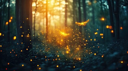 Enchanted forest with glowing fireflies. Perfect for fantasy, magic, and nature themes.