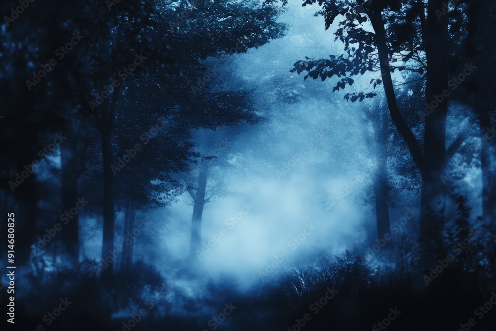 Poster silhouettes of trees in a misty forest. perfect for creating a mysterious and eerie atmosphere.