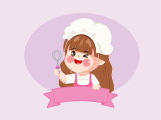 Cute little girl chef standing on pink ribbon Design for sticker label logo design. illustration vector premium.