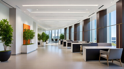 Fototapeta premium Modern Office Space Interior, carpet and coffee table against window. Ai generative