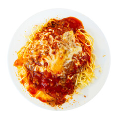Healthy plate of Italian spaghetti topped with ground beef Bolognese sauce. Isolated over white...