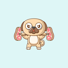 Cute pug dog lifting meat barbel food kawaii chibi character mascot illustration outline style design