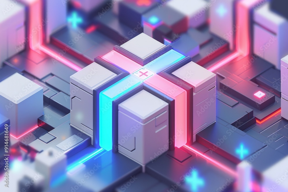 Poster neon lit urban landscape with colorful interconnected pathways symbolizing a connected and vibrant c