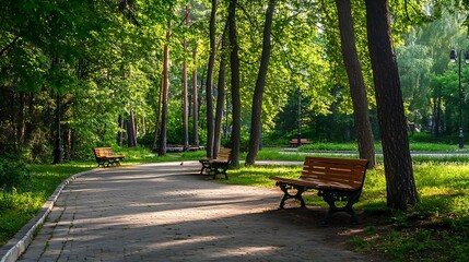 Park scenery with benches in summer　 21st century forest and plaza : Generative AI