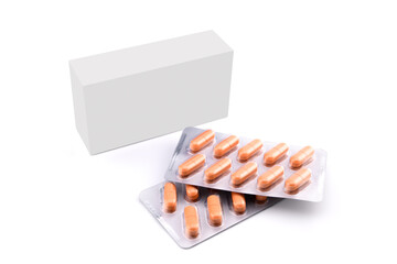 cardboard box and tablets in blister pack mockup