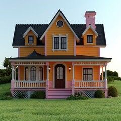 Charming Yellow Victorian House with Front Porch and Pink Trim