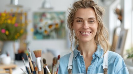 A cheerful artist smiling and holding a bunch of various paint brushes in a bright and colorful studio, with art supplies and artworks in the background.