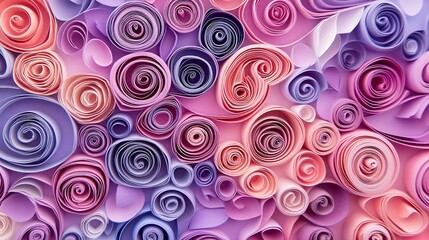 Fototapeta premium Quilling paper art background Abstract pattern of curls and rolls of cut colored paper Filigree paper hobby Floral pattern in pink and purple tones : Generative AI
