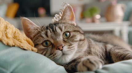 A charming tabby kitten dons a small crown while resting on a cozy couch. The image captures a sense of tranquility, showcasing royalty in a domestic setting.