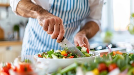 A chef wearing a blue and white striped apron is finely chopping fresh vegetables in a brightly lit kitchen, showcasing culinary skill and attention to detail.