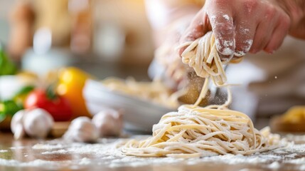 A close-up of a chef’s hands sprinkling flour over a freshly made pile of pasta noodles, capturing the delicate process of food preparation amidst a kitchen ambiance.
