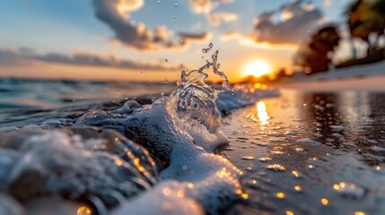 A beautifully captured wave gently crashing onto a sandy shore during a breathtaking sunset, with the warm orange glow highlighting the serene and peaceful coastal landscape.