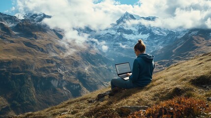 Freelancer digital nomad sit work online type on laptop with mountains scenic panoramaLocation independent traveler blogging on travels Ideas and work online in post pandemic worldEart : Generative AI