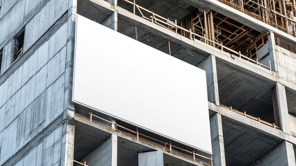 Blank white mockup advertisement hanging on the modern building under construction Reconstruction of a building with white billboard : Generative AI