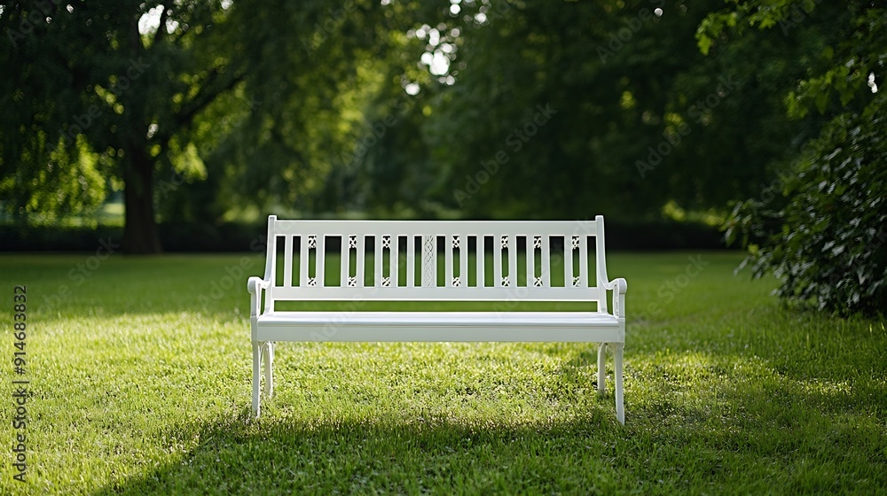 Poster White bench in the park on the background of a green lawn front view : Generative AI