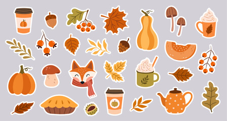 Cute set of autumn stickers with botany, coffee, tea, pie, mushrooms, berries