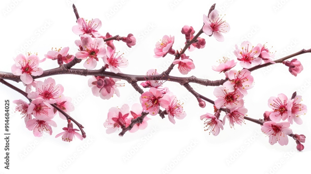 Wall mural Pink cherry blossom branch isolated on white background