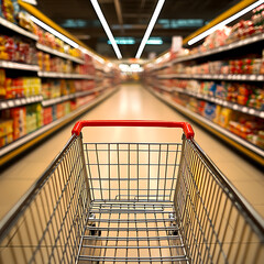 POV of Shopping Cart in Supermarket Aisle