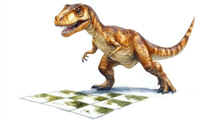 Naklejka premium Whimsical watercolor of a playful T Rex dinosaur hopping and exploring a hopscotch game on a white background showcasing a fun and imaginative prehistoric creature in a setting