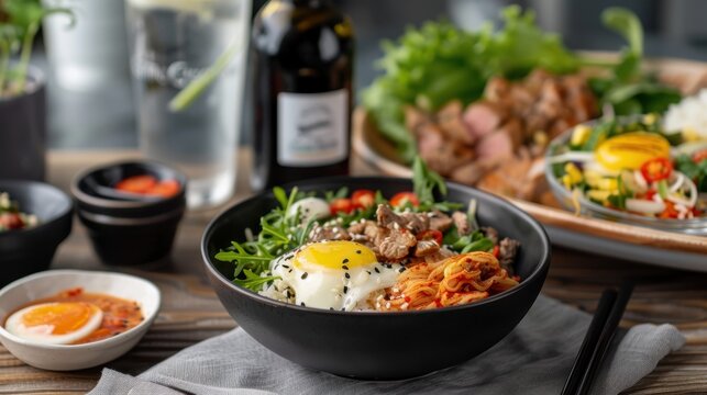 A close-up of a delicious, beautifully presented Asian-inspired dish featuring a mix of vegetables, an egg, sesame seeds, and a side of kimchi on a stylish table setting.