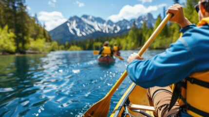 A group of kayakers paddling in a clear blue lake with panoramic views of snow-capped mountains, surrounded by lush green pine trees under a bright blue sky.