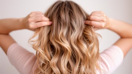 Fototapeta premium A close-up rear view of a woman's blonde hair styled in soft, flowing waves, highlighting the texture and shine of her hair against a neutral background.
